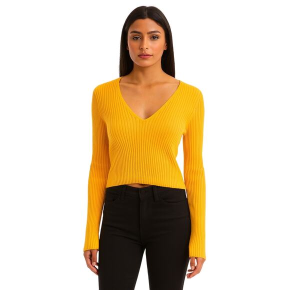 NWT Sincerely Jules Yellow Ribbed Y2K Knit Cropped V-Neck Sweater Size M - Picture 1 of 5